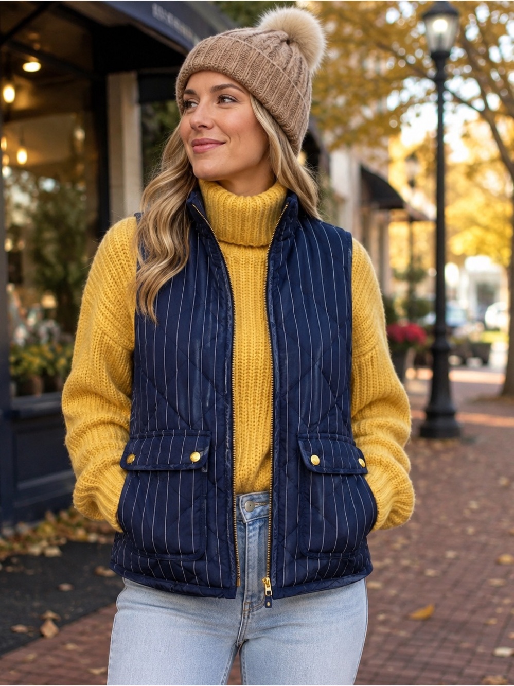 J. CREW Excursion Vest Down Filled Navy Blue White Stripe Gold Detail